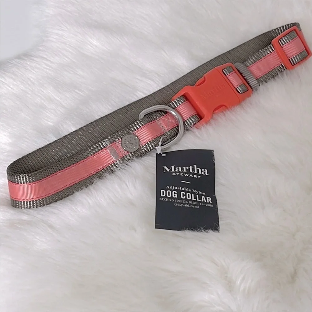 NWT Martha Stewart Adjustable Nylon Dog Collar Coral / Gray Various Sizes